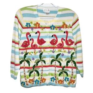 Just B Flamingo Cardigan Beaded Tropical Cropped Sweater Medium Resort Novelty